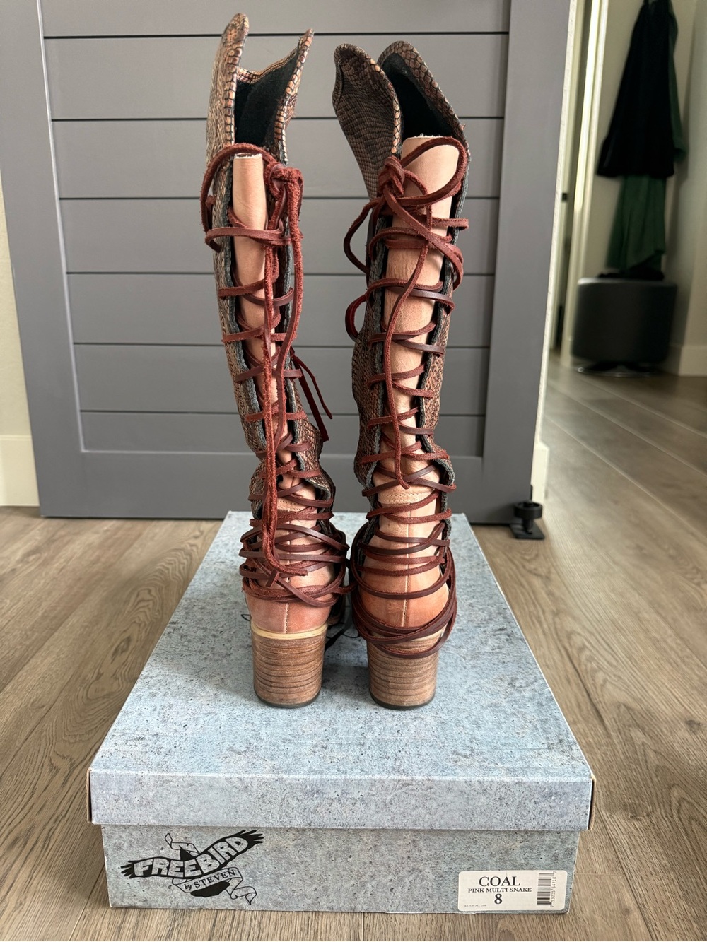 freebird Brown Pink Multi Snake Lace-Up Knee Boots - Picture 3 of 6